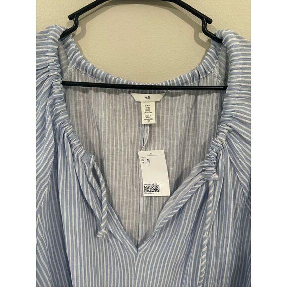 NWT H&M Blue White Striped Linen Blend Dress 3/4 Sleeve XL - Picture 2 of 4